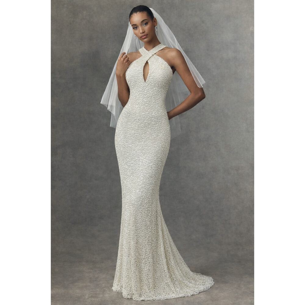 BHLDN X Adrianna Papell White Pearl Beaded Tie Back Wedding Dress 14